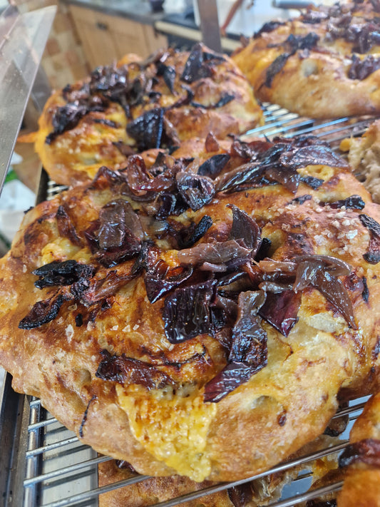 Roasted red onion & Lincolnshire poacher focaccia